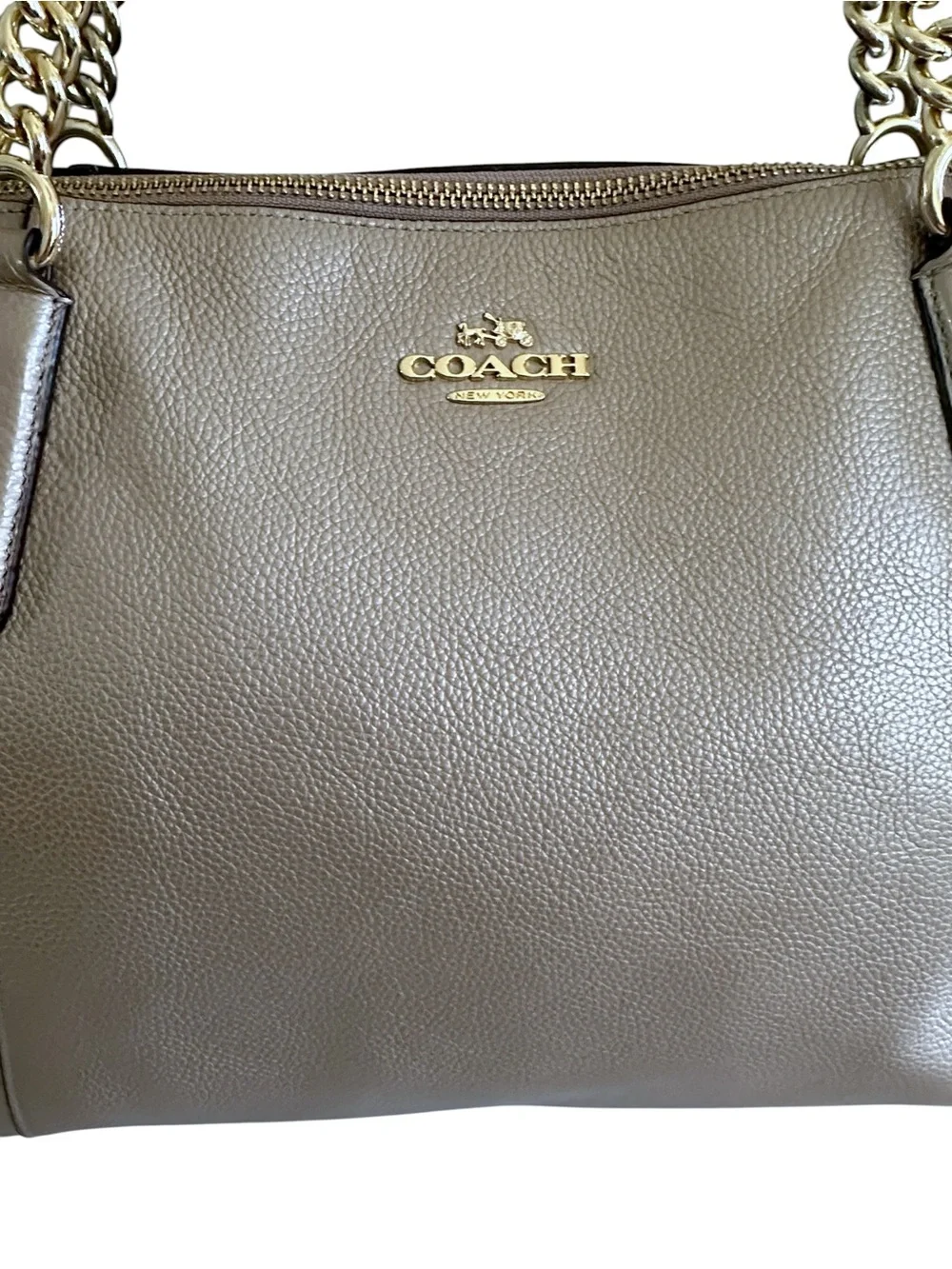 Coach Ava Champagne Gold Pebble‎ Leather Chain Tote Zip Top Shoulder Bag Large